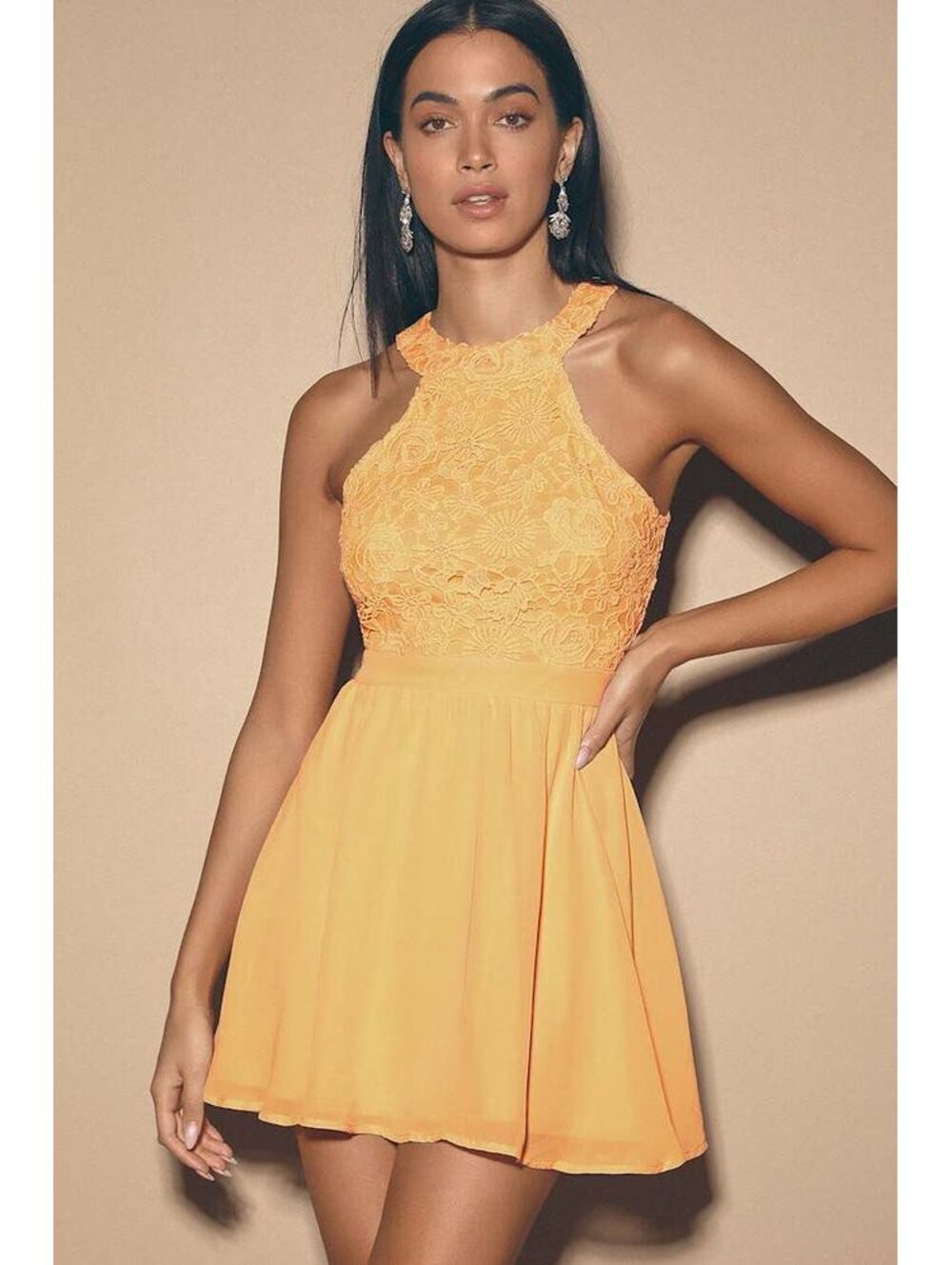 Lulus Yellow Lace Halter Skater Dress Size M Floral Sleeveless